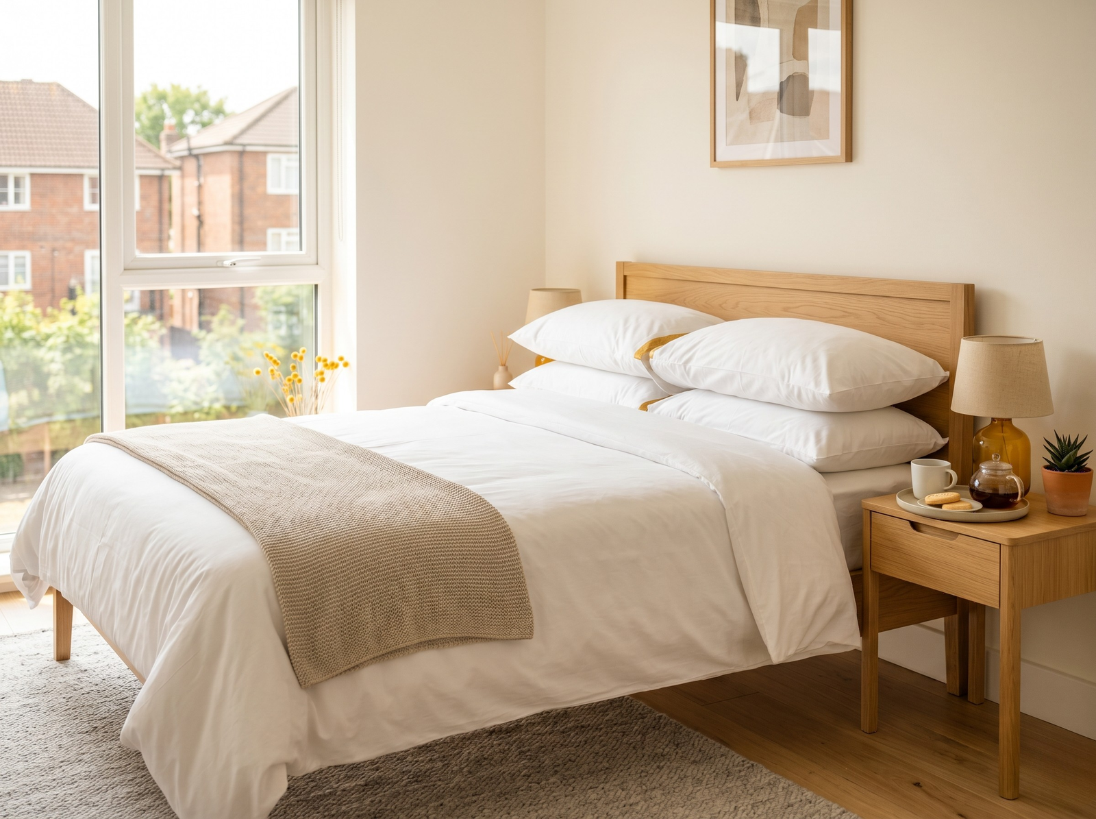 Spotless styled bedroom with crisp white linen and a welcome tray of tea and biscuits