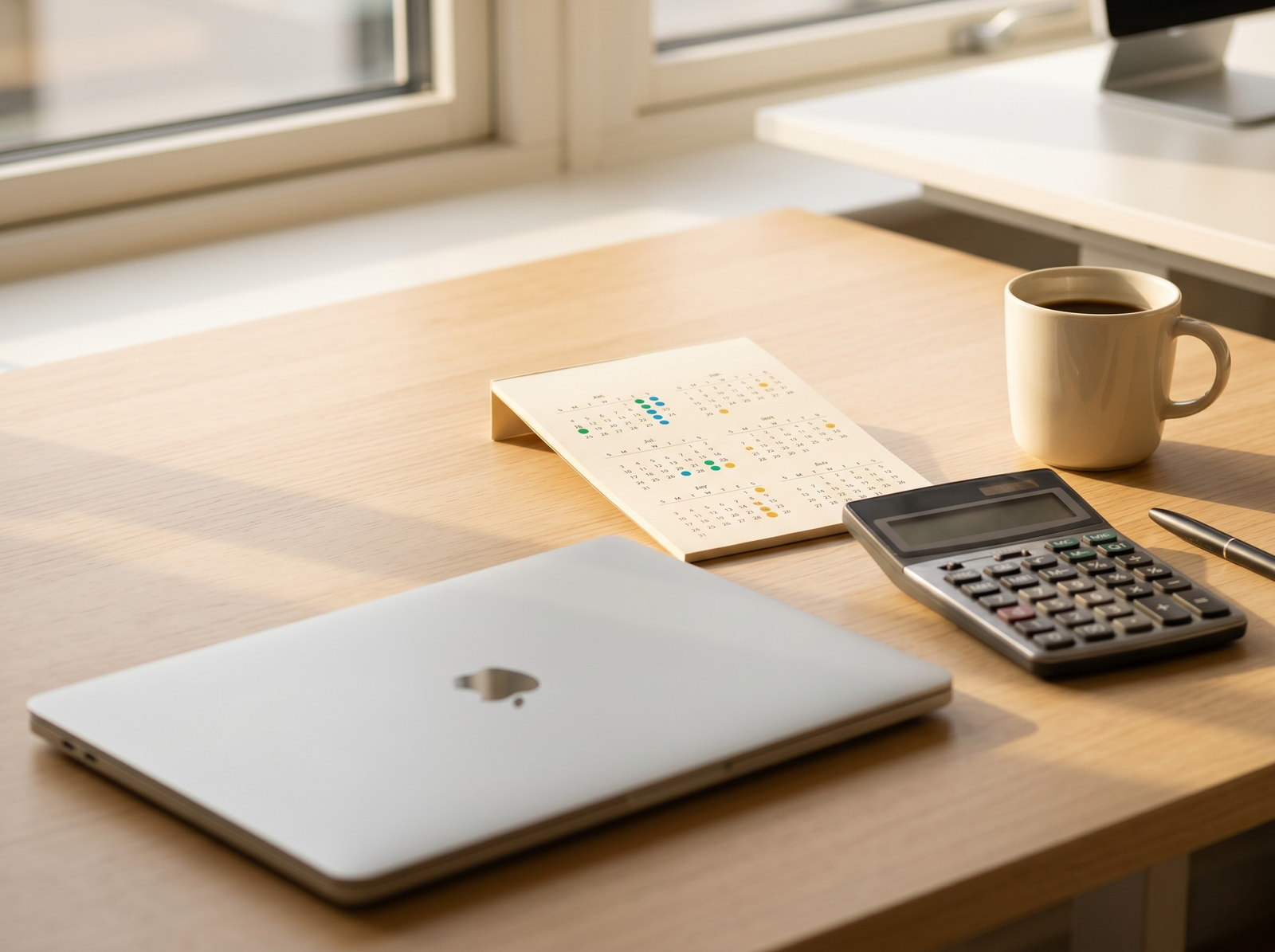 Laptop and calculator on a desk beside a calendar marked with coloured dots for peak dates