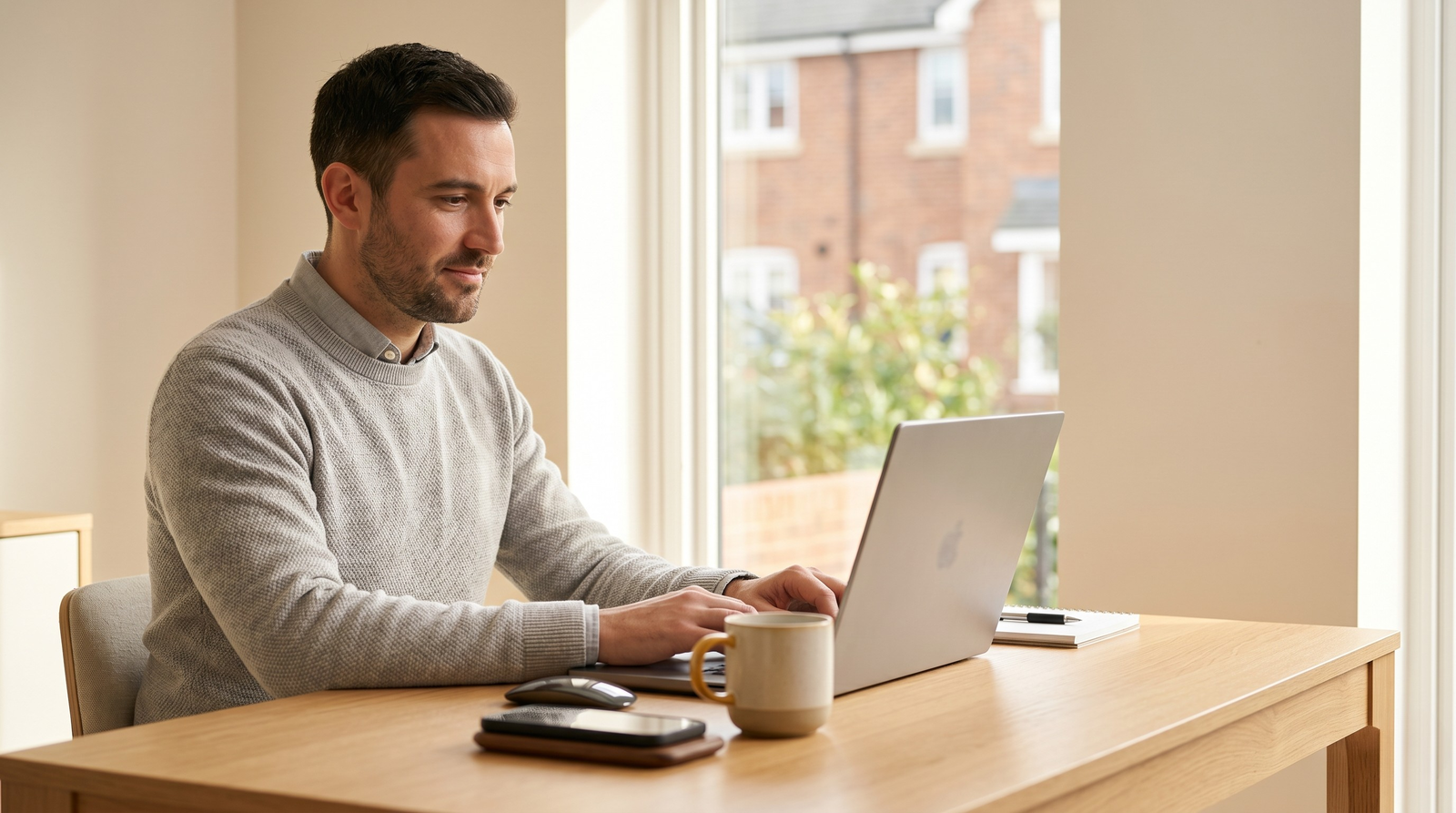A laptop and phone on a desk, illustrating AI tools for a property business