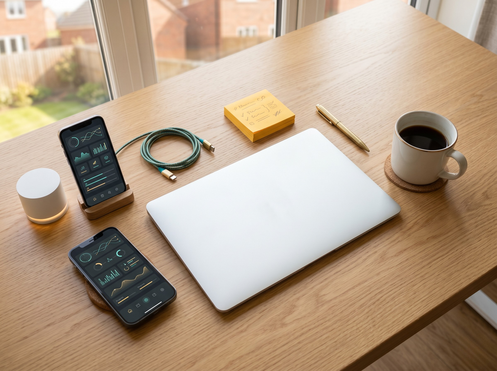 Overhead desk with a laptop, smartphone dashboard, sticky notes and coffee
