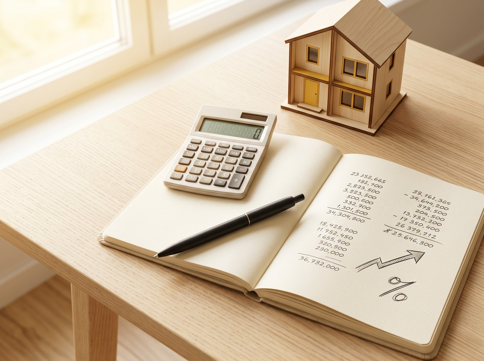 Overhead desk with a calculator, handwritten figures, a pen and a small model house